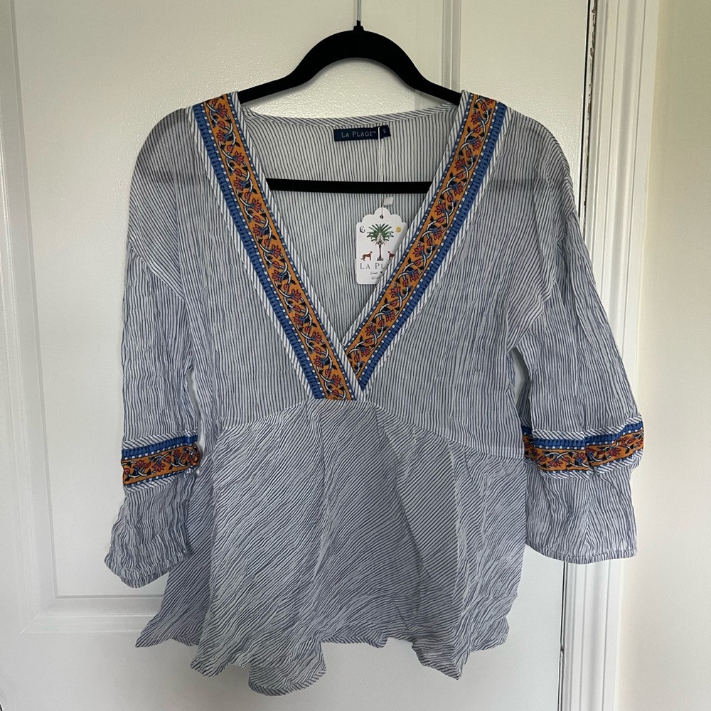 Striped V-Neck Blouse with Embroidered Trim